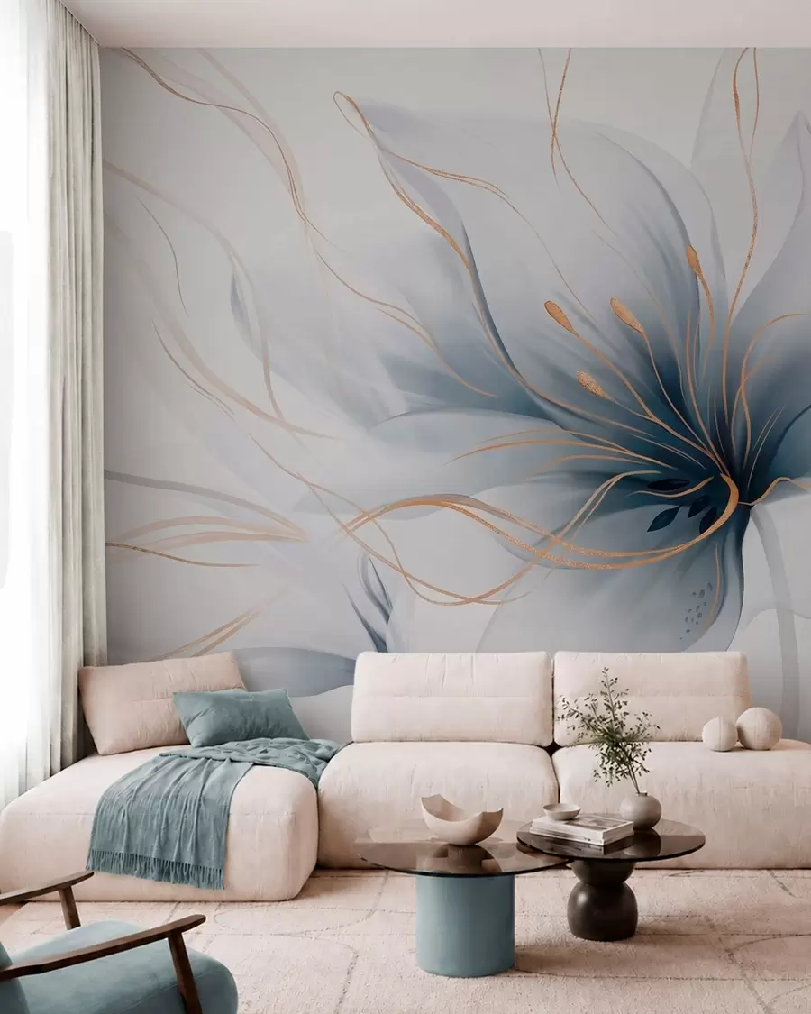 wall murals An abstract blue flower with flowing lines in the Fluid Art style w05428