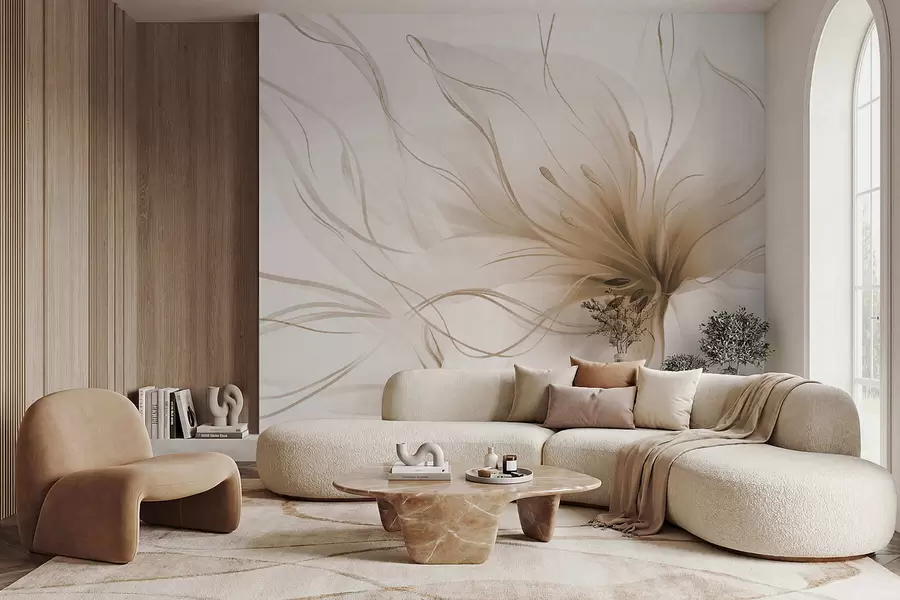 wall murals An abstract beige flower with flowing lines in the Fluid Art style w05428v2