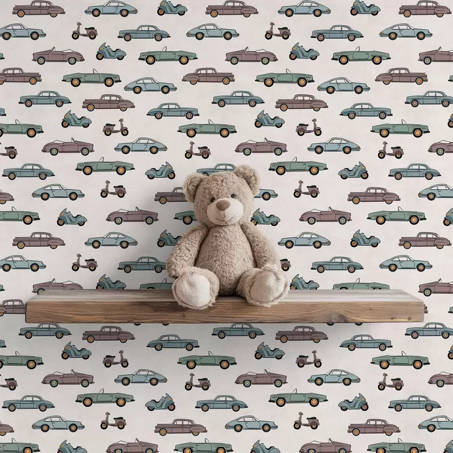 wall murals Retro cars and scooters on light background a01172