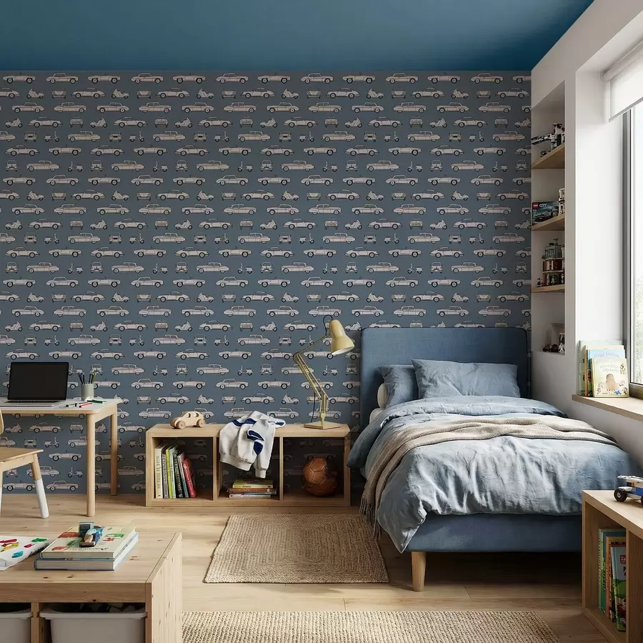 wall murals Retro cars and scooters on blue background a01178