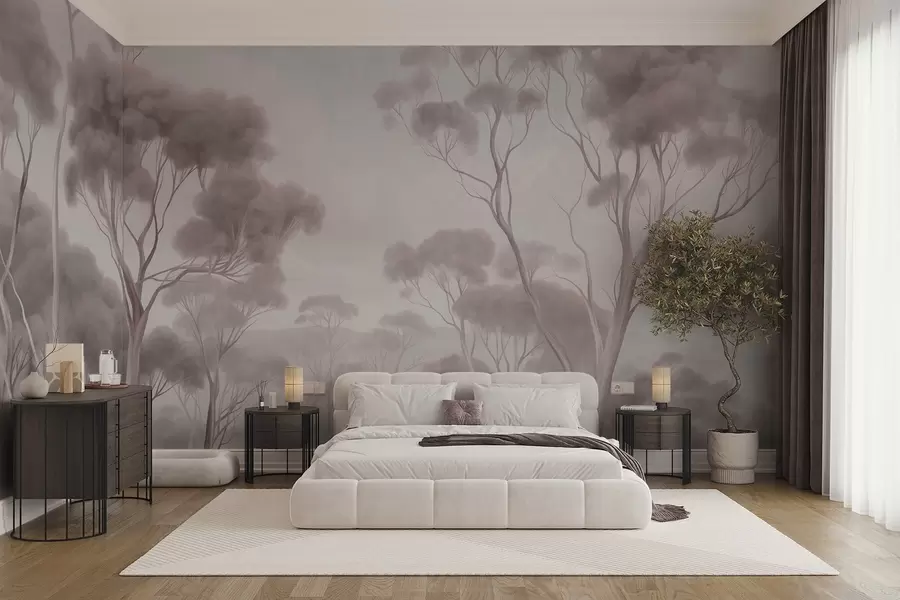 wall murals A misty forest landscape with tall eucalyptus trees, with rolling hills under a cloudy sky, textured art w09822v1