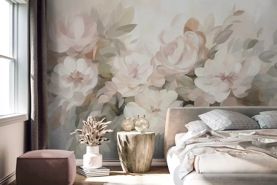 wall murals Pale pink and white flowers with green leaves, painted style, impressionistic style, textured art w09824