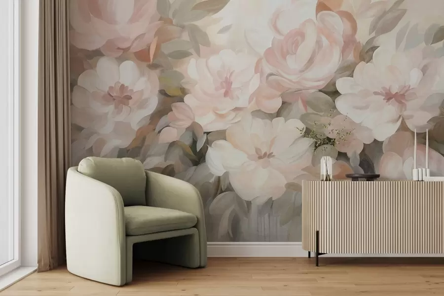 wall murals Pale pink and white flowers with green leaves, painted style, impressionistic style, textured art w09824