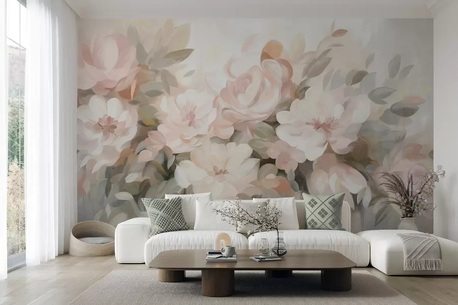 wall murals Pale pink and white flowers with green leaves, painted style, impressionistic style, textured art w09824