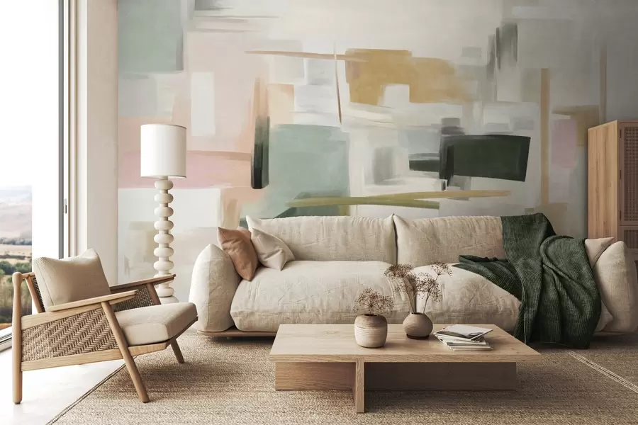 wall murals Abstract minimalist painting style with soft pastel colors, geometric shapes and lines w09828