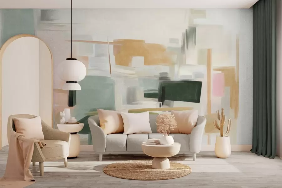 wall murals Abstract minimalist painting style with soft pastel colors, geometric shapes and lines w09828