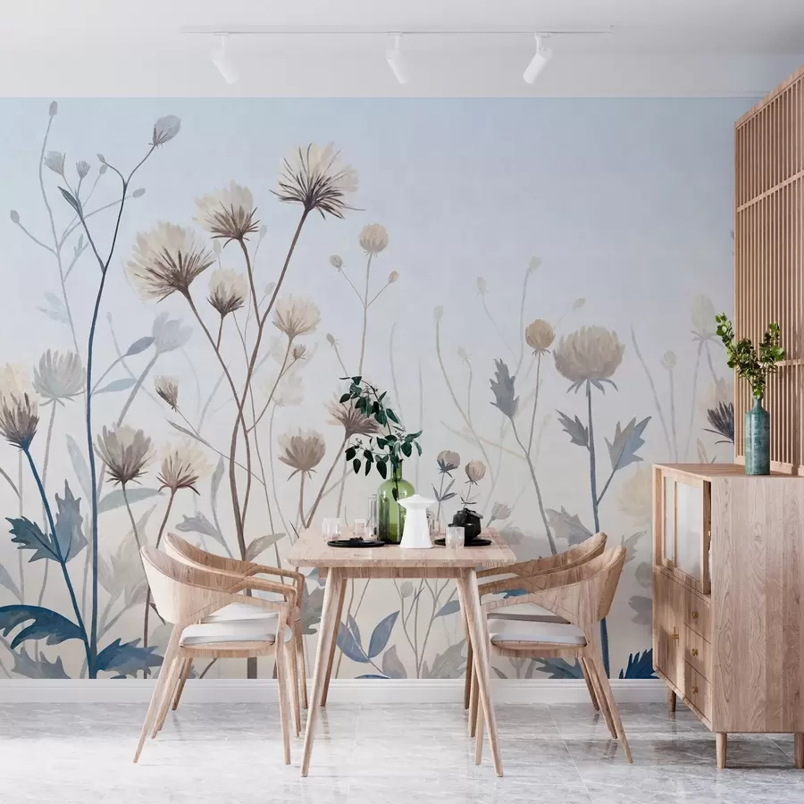wall murals Wild field grasses and flowers painted in a scenic style against a light background w05563