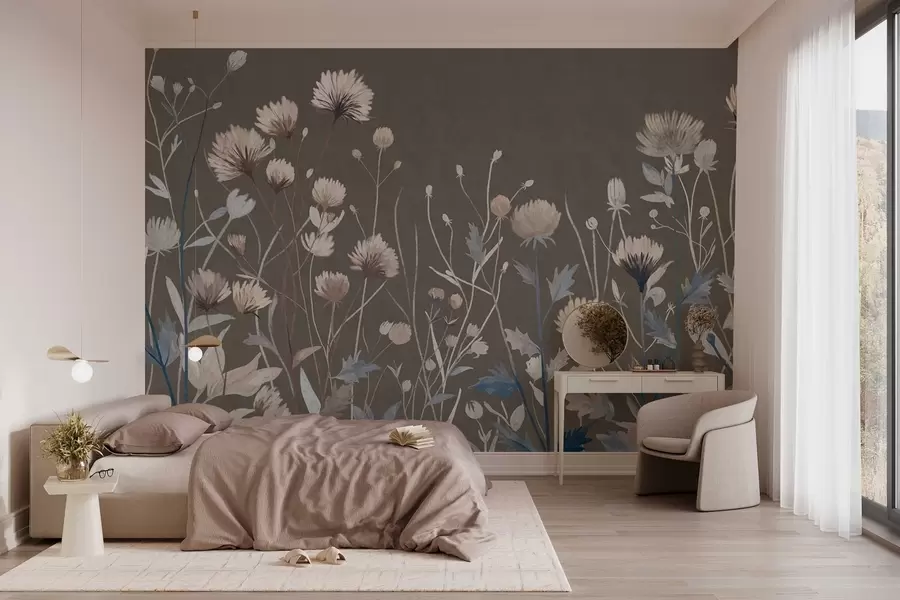 wall murals Wild field grasses and flowers rendered in a painterly style against a grey-brown background w05563v2