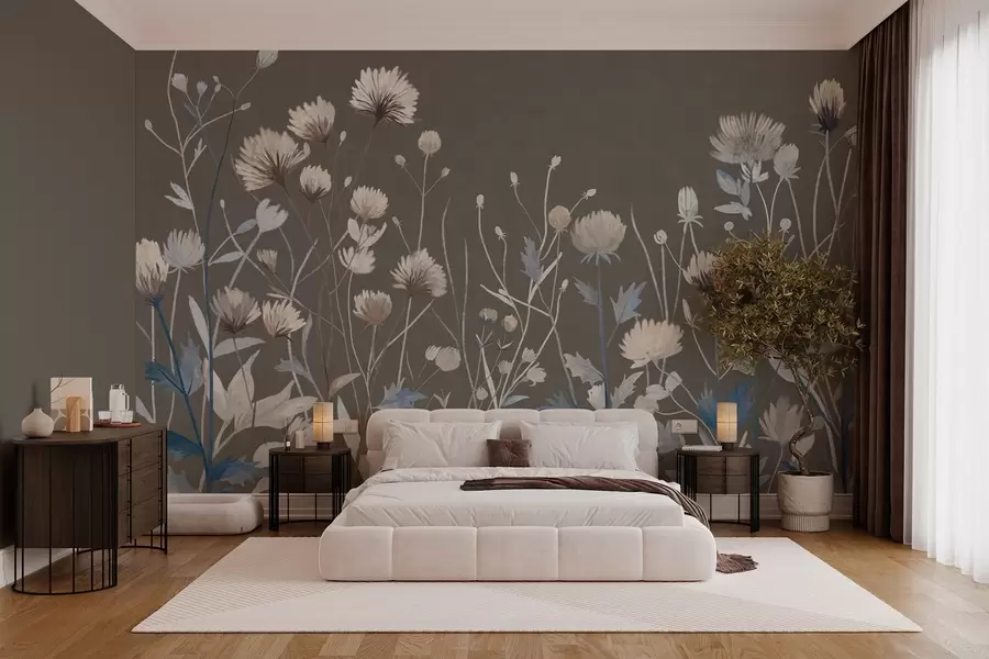 wall murals Wild field grasses and flowers rendered in a painterly style against a grey-brown background w05563v2