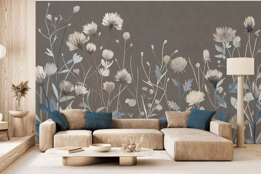 wall murals Wild field grasses and flowers rendered in a painterly style against a grey-brown background w05563v2