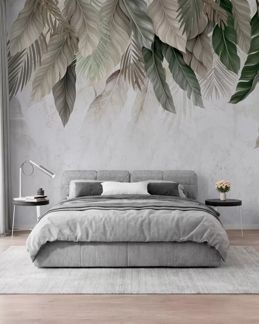 wall murals Tropical hanging leaves on concrete w05521