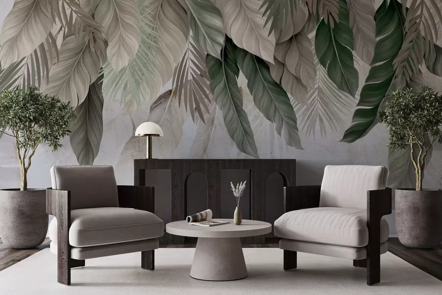 wall murals Tropical hanging leaves on concrete w05521