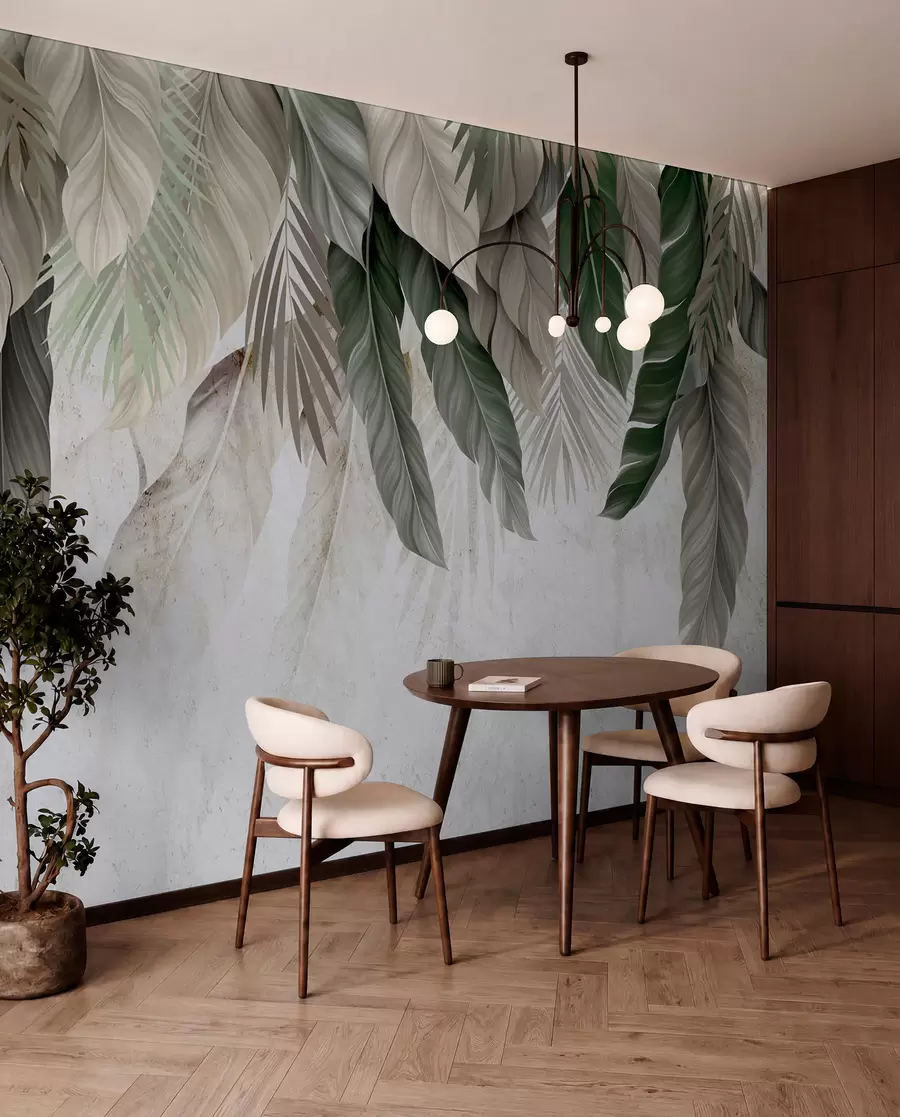 wall murals Tropical hanging leaves on concrete w05521