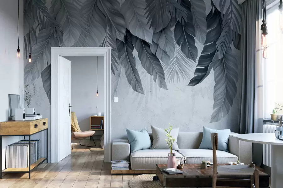 wall murals Tropical hanging leaves on concrete w05521v1