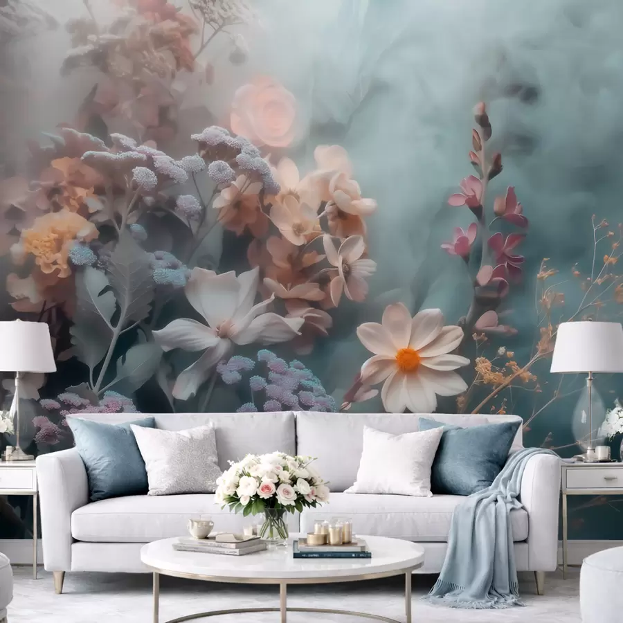 wall murals A dreamy composition of wildflowers in a light haze of pastel tones w09846
