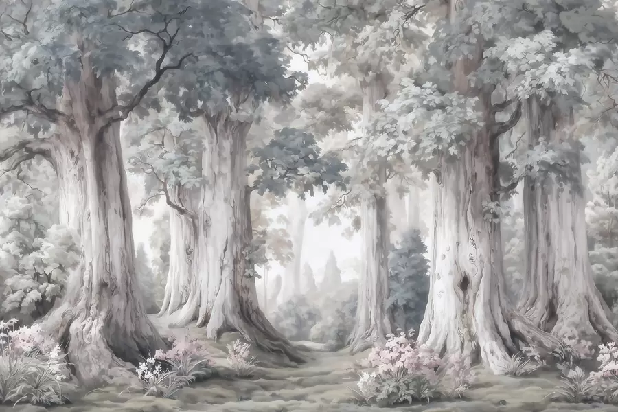 wall murals A fairytale forest with tall trees and a gentle muted palette in watercolor style w09849
