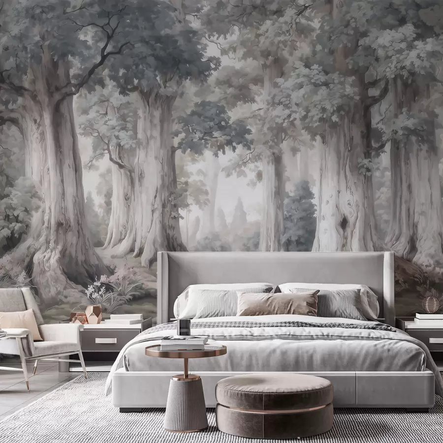 wall murals A fairytale forest with tall trees and a gentle muted palette in watercolor style w09849