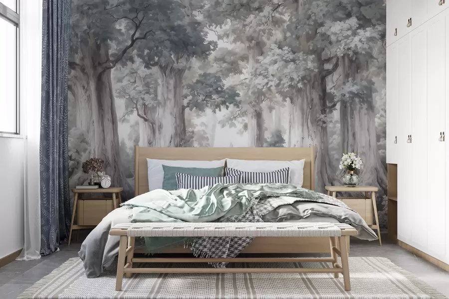 wall murals A fairytale forest with tall trees and a gentle muted palette in watercolor style w09849