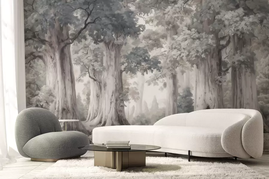 wall murals A fairytale forest with tall trees and a gentle muted palette in watercolor style w09849