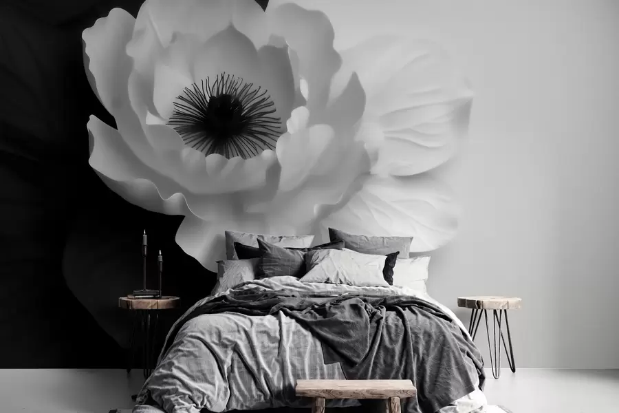 wall murals A contrasting white flower with a dark center on a black-and-white background w09852