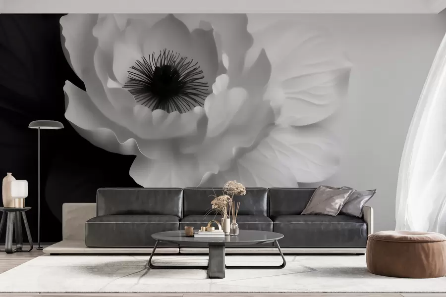 wall murals A contrasting white flower with a dark center on a black-and-white background w09852