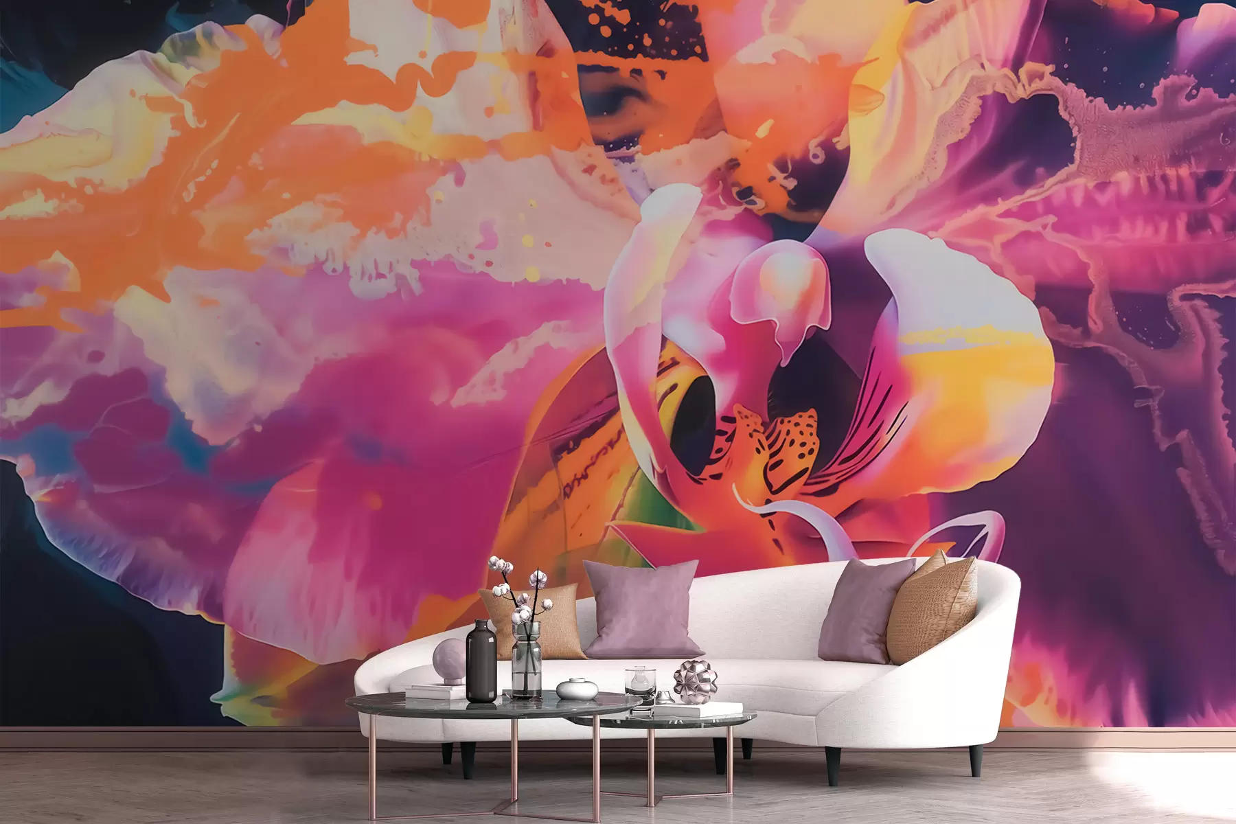 wall murals A vibrant abstract orchid flower with rich colors and dynamic forms in watercolor style w09855
