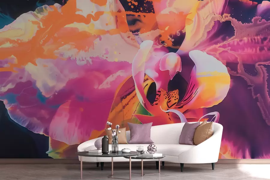wall murals A vibrant abstract orchid flower with rich colors and dynamic forms in watercolor style w09855