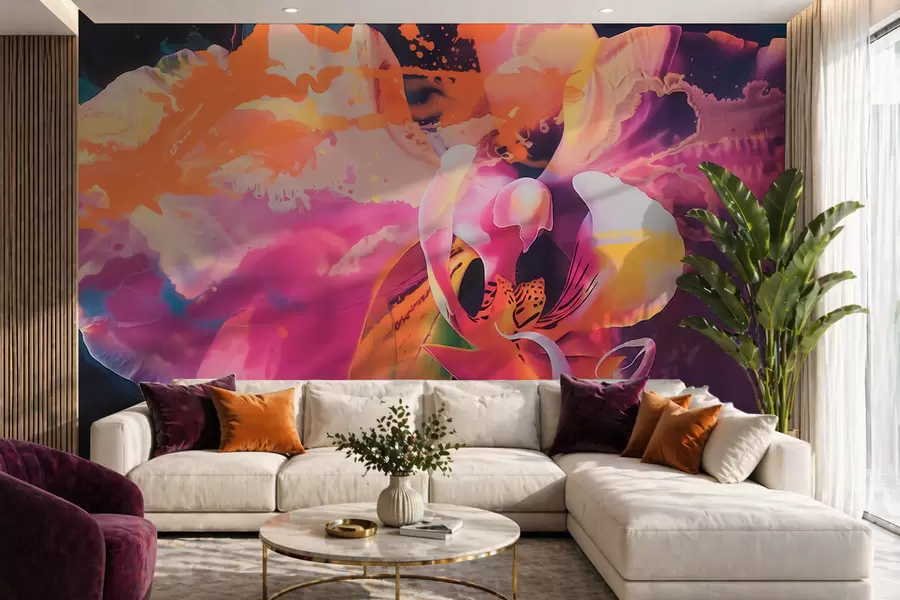 wall murals A vibrant abstract orchid flower with rich colors and dynamic forms in watercolor style w09855