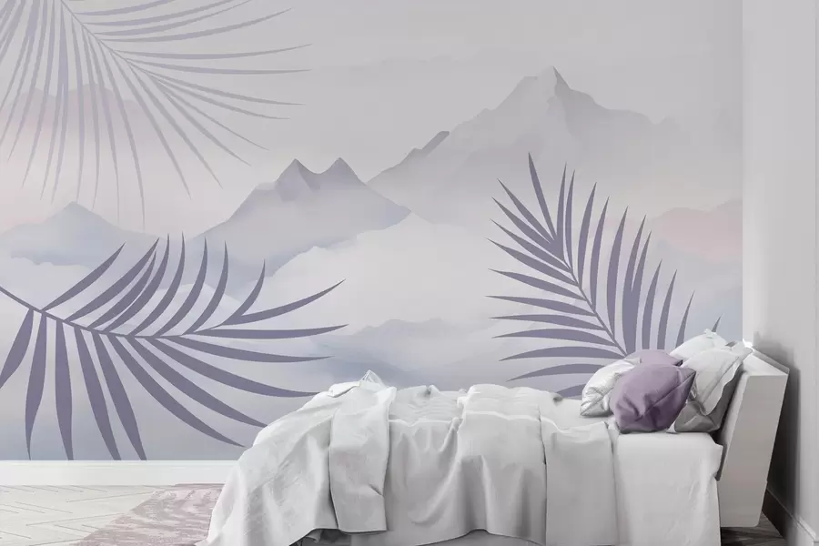 wall murals Palm leaves against the backdrop of mountains w05548