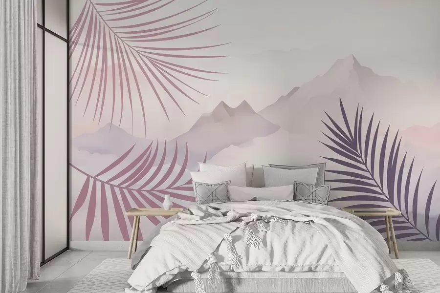 wall murals Palm leaves against the backdrop of mountains w05548v1