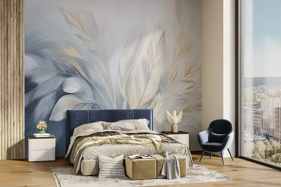 wall murals Textured feathers with yellow accents, against a soft background of pale blue and white w09826