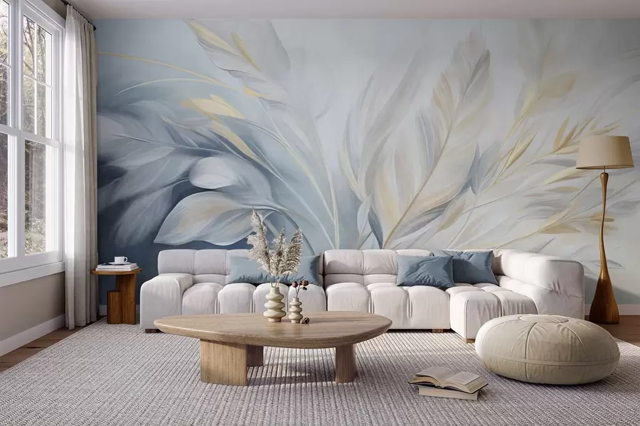 wall murals Textured feathers with yellow accents, against a soft background of pale blue and white w09826