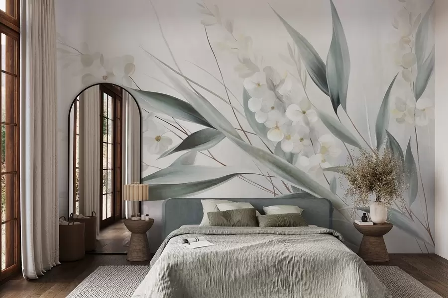 wall murals Delicate flowers and long green leaves in a painterly style with subtle brushstrokes, textured art w09827