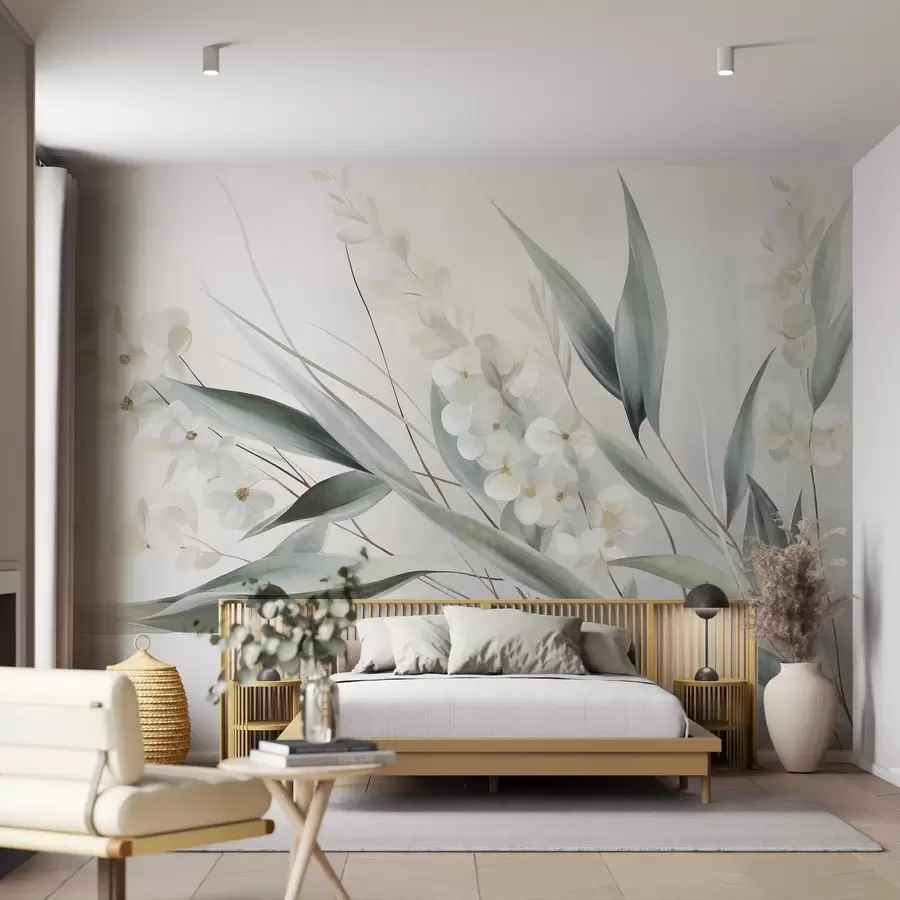 wall murals Delicate flowers and long green leaves in a painterly style with subtle brushstrokes, textured art w09827