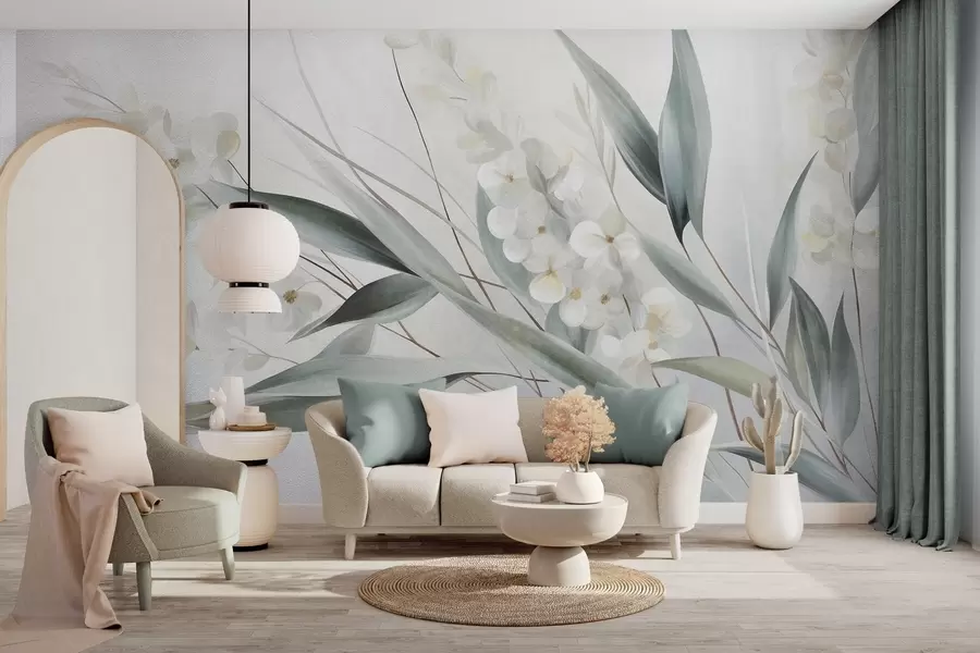 wall murals Delicate flowers and long green leaves in a painterly style with subtle brushstrokes, textured art w09827