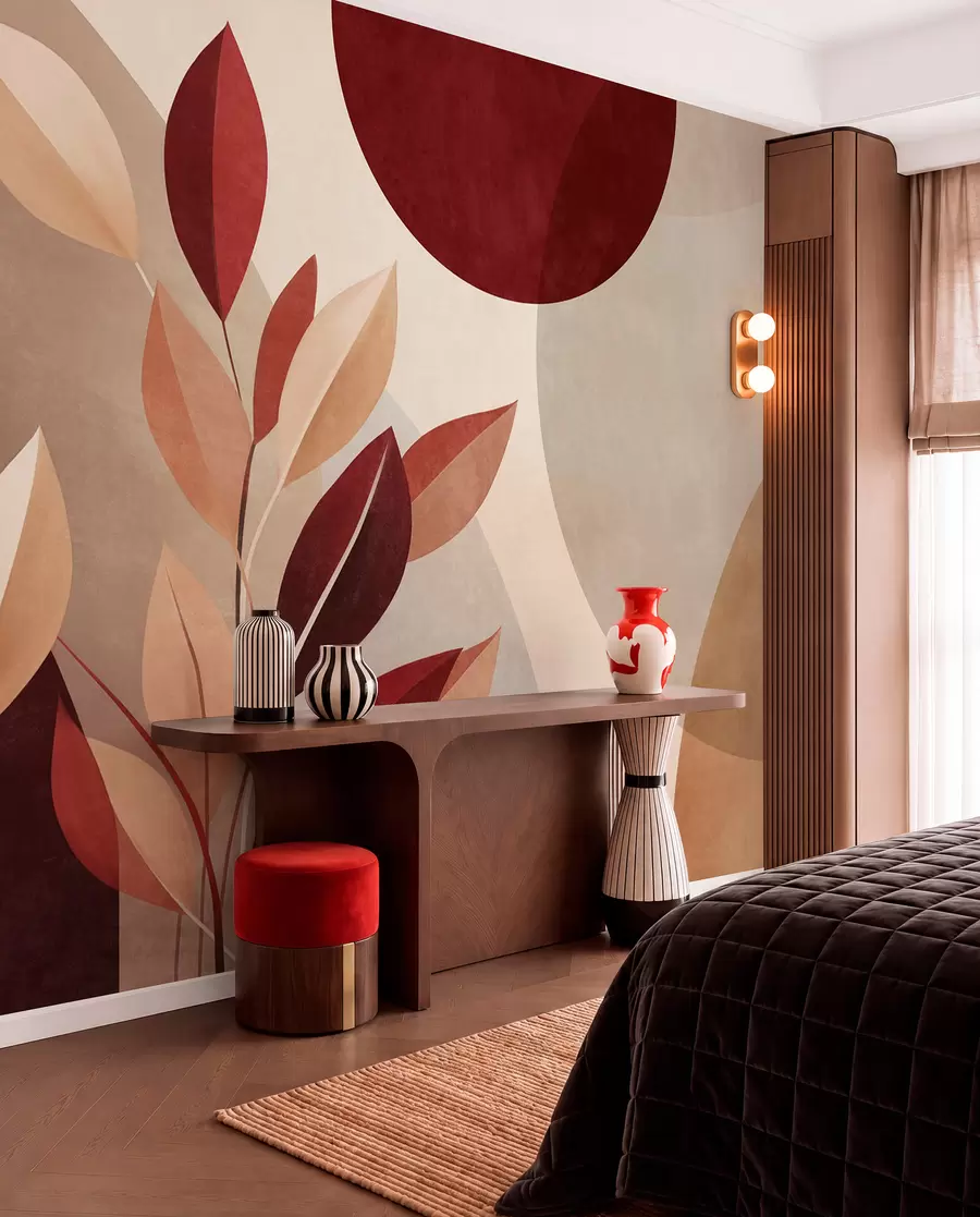 wall murals Textured bordo and beige leaves on a background of abstract shapes, minimalism, modern art w09829