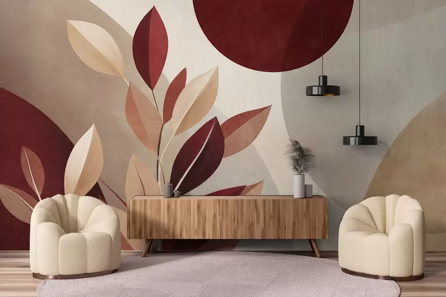 wall murals Textured bordo and beige leaves on a background of abstract shapes, minimalism, modern art w09829