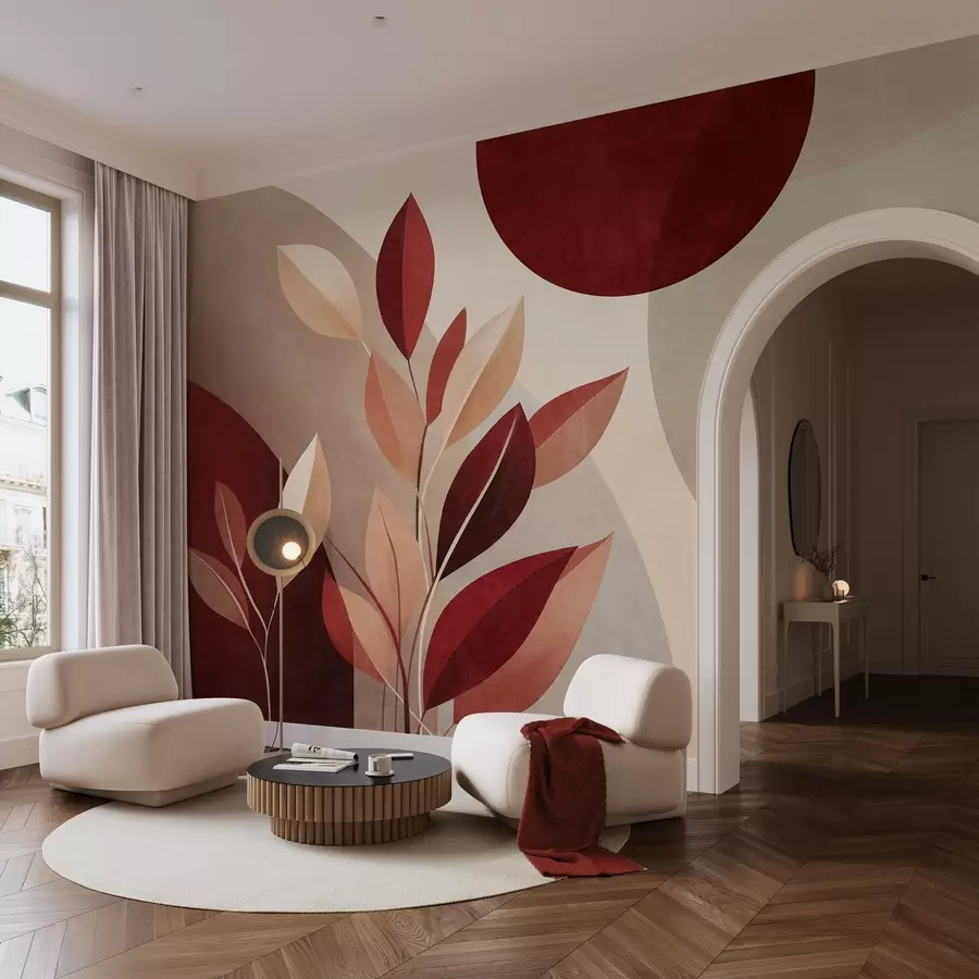 wall murals Textured bordo and beige leaves on a background of abstract shapes, minimalism, modern art w09829