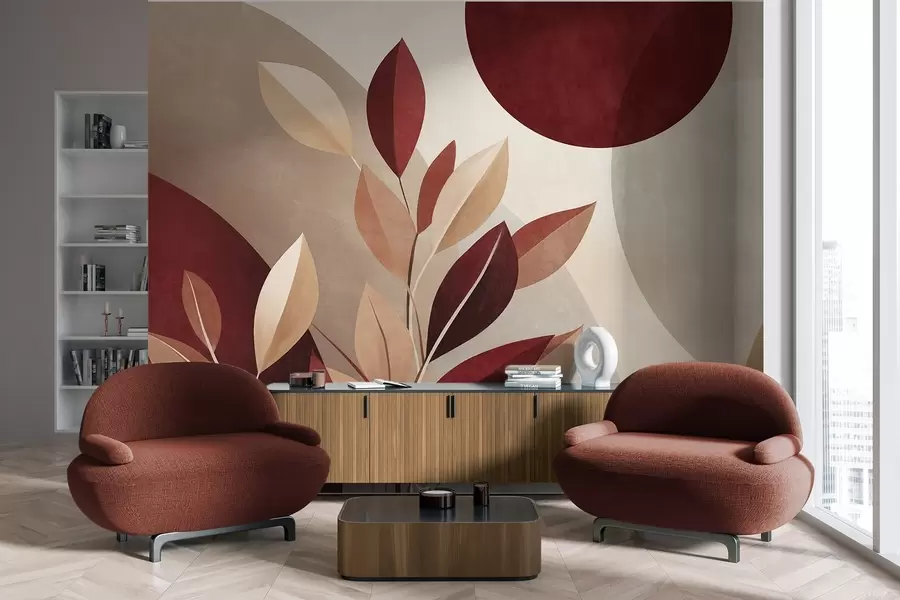 wall murals Textured bordo and beige leaves on a background of abstract shapes, minimalism, modern art w09829