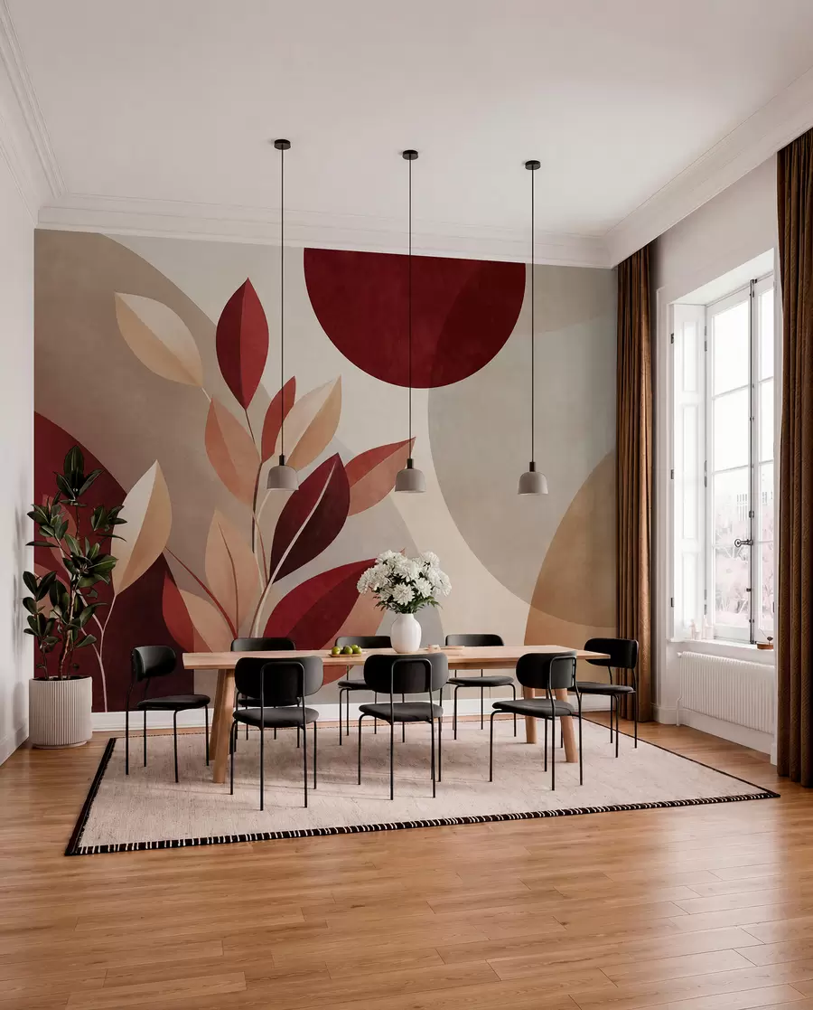 wall murals Textured bordo and beige leaves on a background of abstract shapes, minimalism, modern art w09829