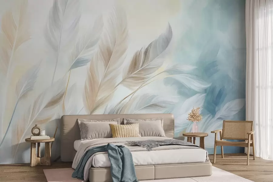 wall murals Textured pastel feathers with soft, wispy edges, against a background in watercolor style w09833