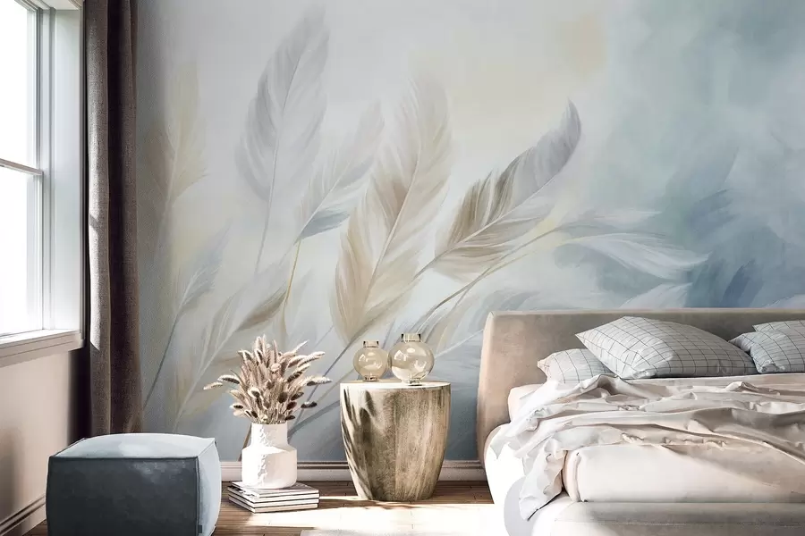 wall murals Textured pastel feathers with soft, wispy edges, against a background in watercolor style w09833