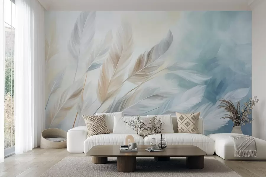 wall murals Textured pastel feathers with soft, wispy edges, against a background in watercolor style w09833