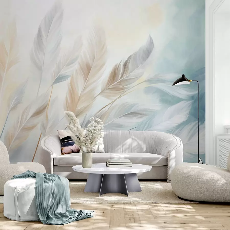 wall murals Textured pastel feathers with soft, wispy edges, against a background in watercolor style w09833