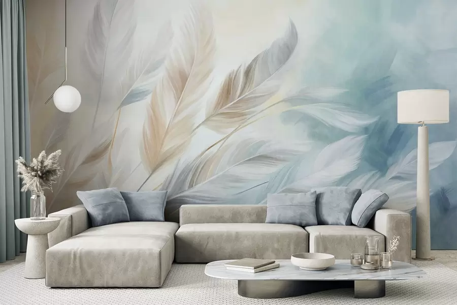 wall murals Textured pastel feathers with soft, wispy edges, against a background in watercolor style w09833