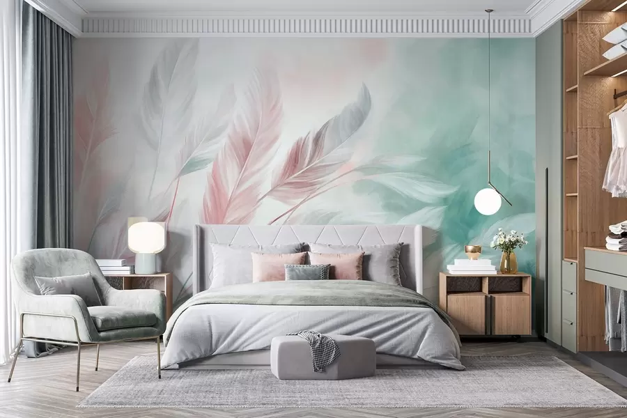 wall murals Textured pastel feathers with soft, wispy edges, against a background in watercolor style w09833v1