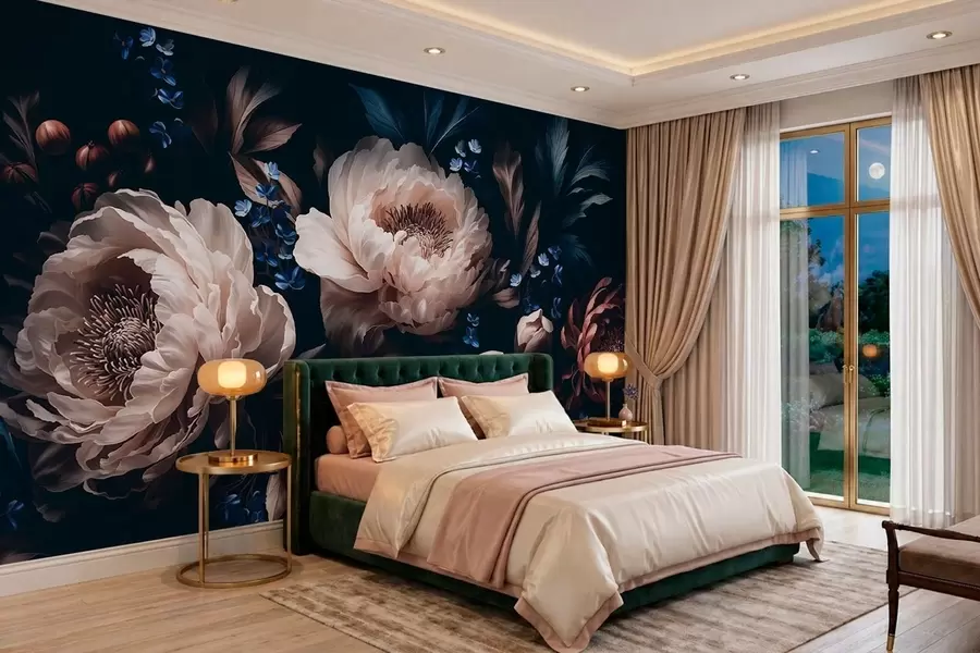 wall murals Dark floral composition with large flowers and leaves w05533