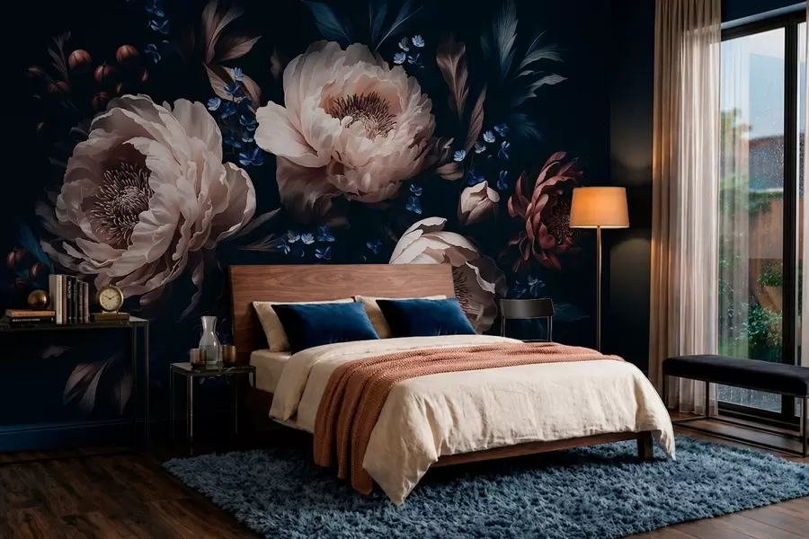 wall murals Dark floral composition with large flowers and leaves w05533