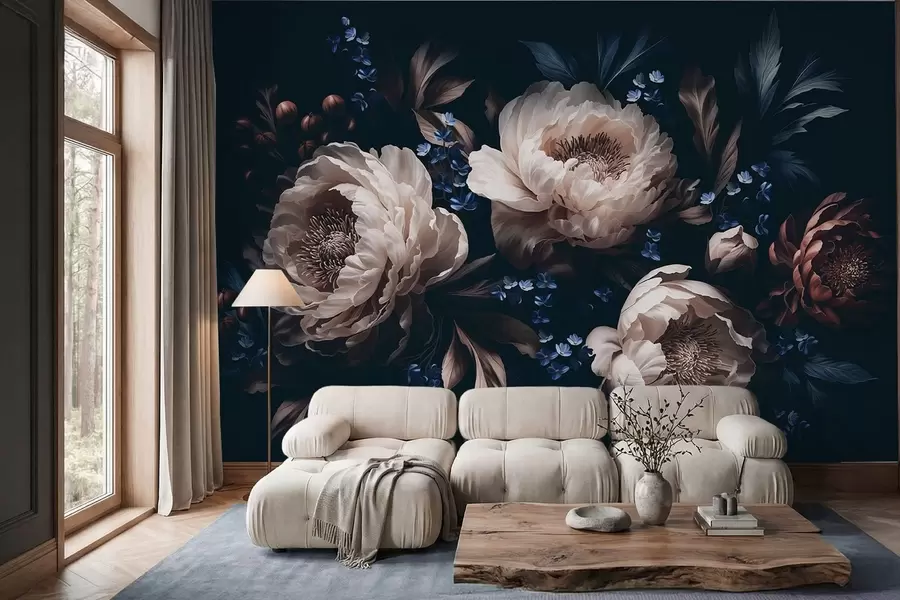 wall murals Dark floral composition with large flowers and leaves w05533