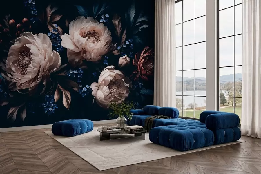 wall murals Dark floral composition with large flowers and leaves w05533